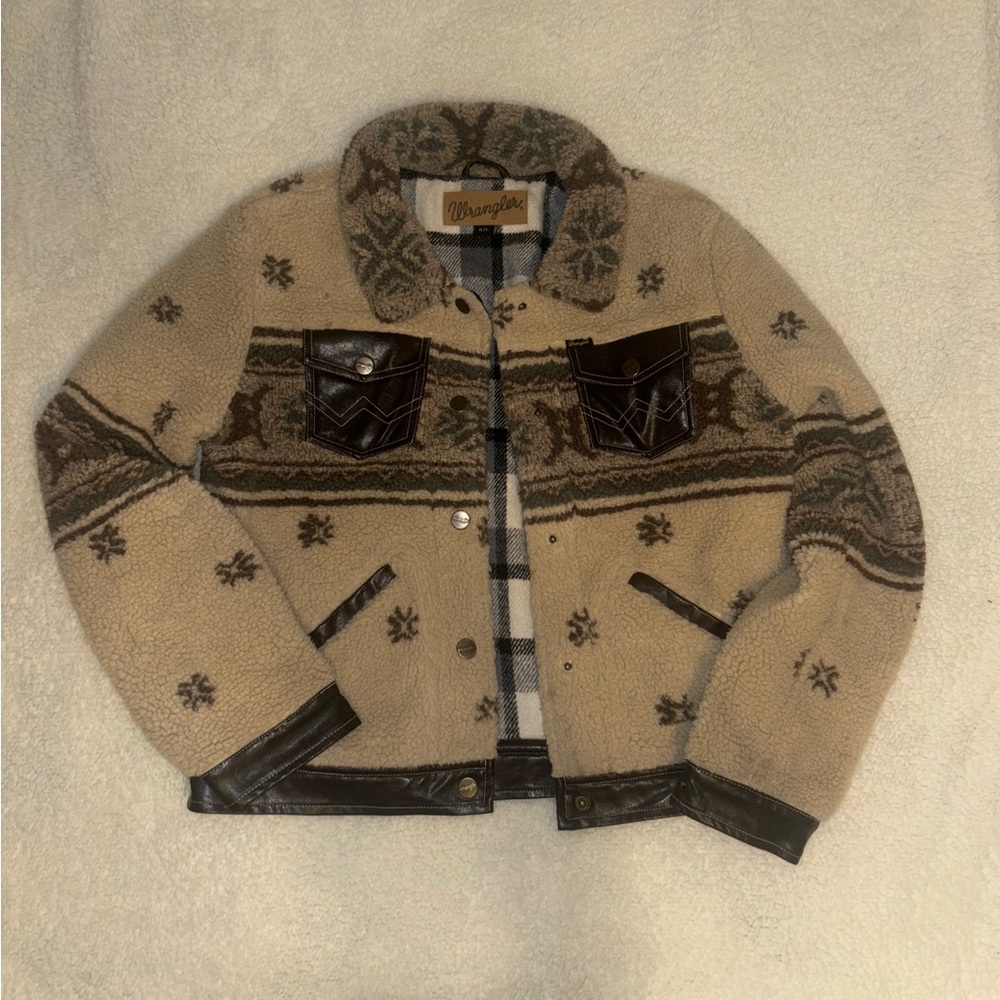 WRANGLER WOMEN'S TAN SHEARLING & STAMPED LEATHER SOUTHWESTERN JACKET LARGE